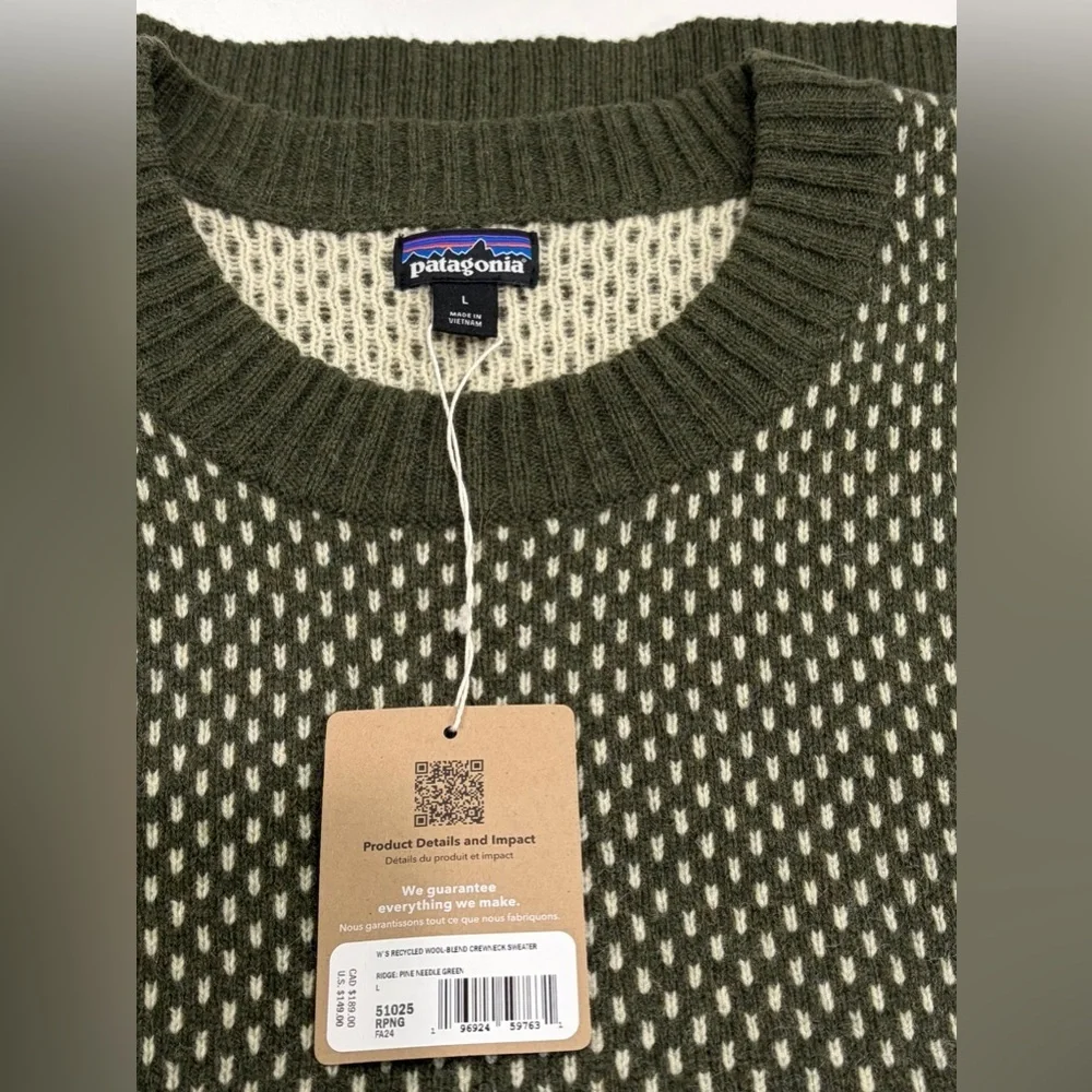 Patagonia Women's Large Recycled Wool-Blend Crewneck Sweater Green NWT Oversized
